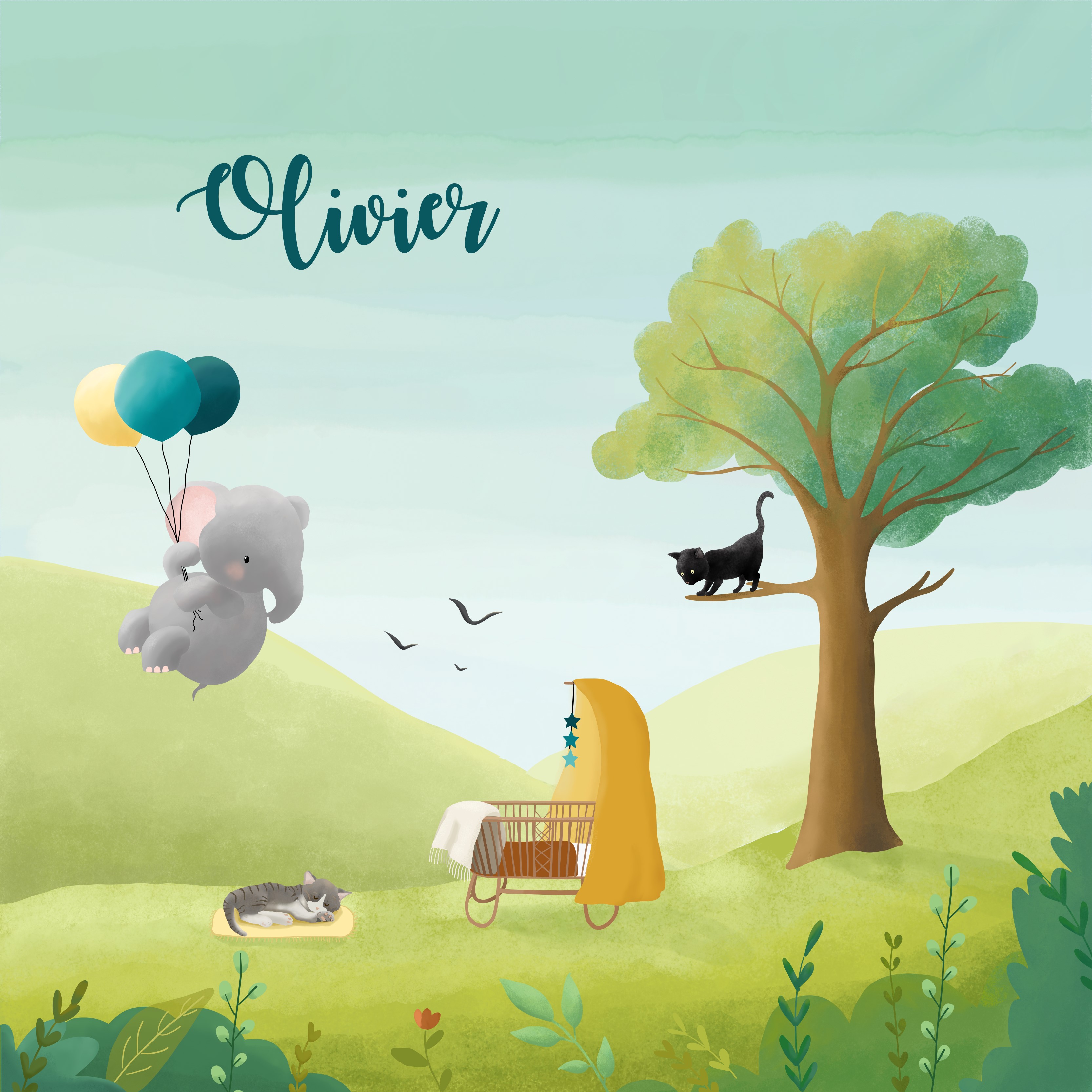 Geboortekaartje groen boom en wieg